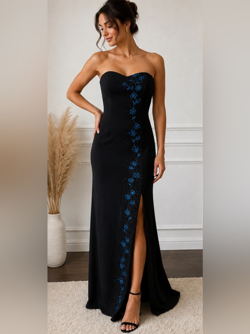 Zum Zum Black Strapless Formal Gown Blue Floral Beaded Side Slit Dress Size 3